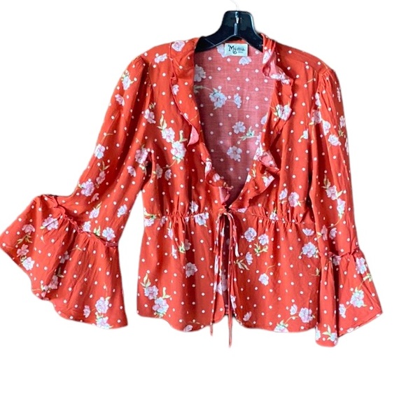 Mumu Floral Red Ruffled Bell Sleeve’s Blouse Top. Size S Excellent Condition! - Picture 1 of 9